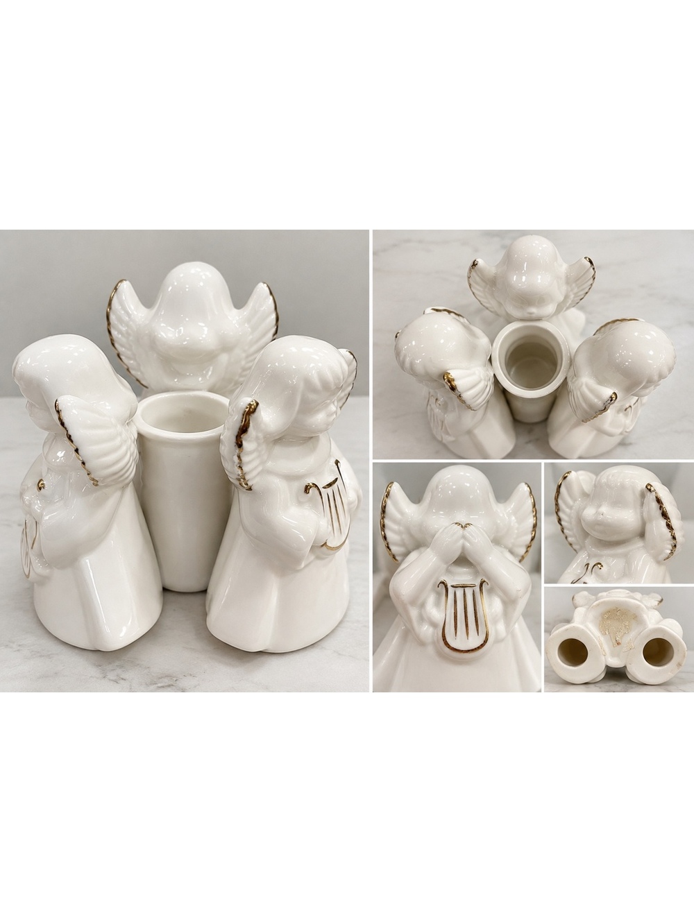 Vintage Three Wise Angels Ceramic Candle Holder See Hear Speak No Evil